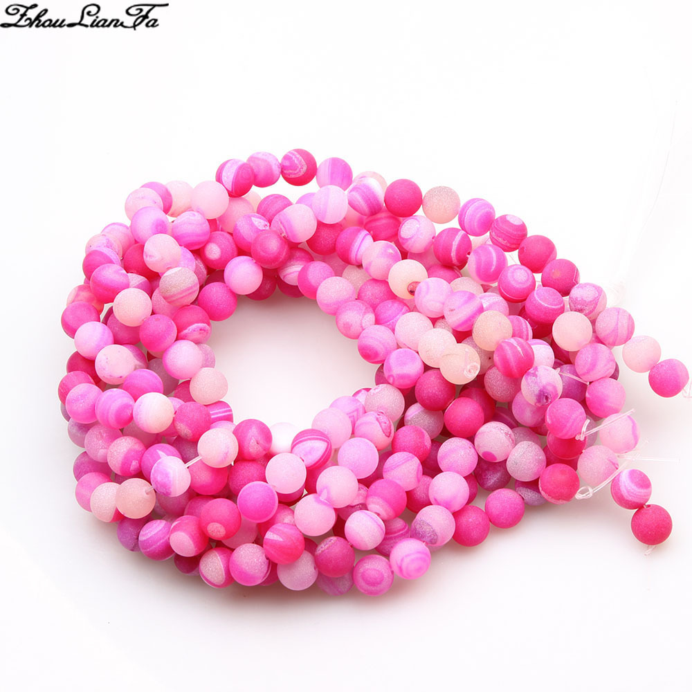 8毫米半宝石圆形冰霜带状粉红色开口笑玛瑙宝石珠子为珠宝制作批