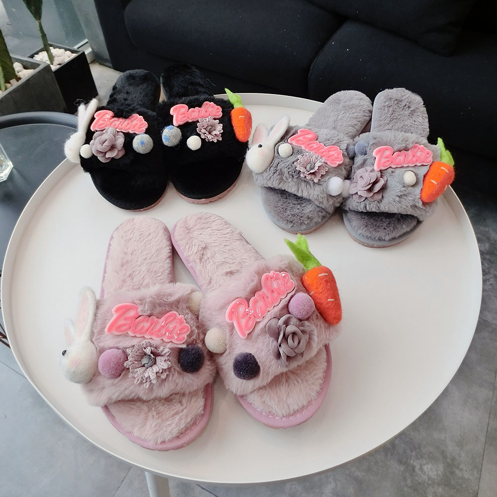韩版加厚卡通萝卜兔子花朵毛绒一字拖防滑居家保暖露趾棉拖鞋