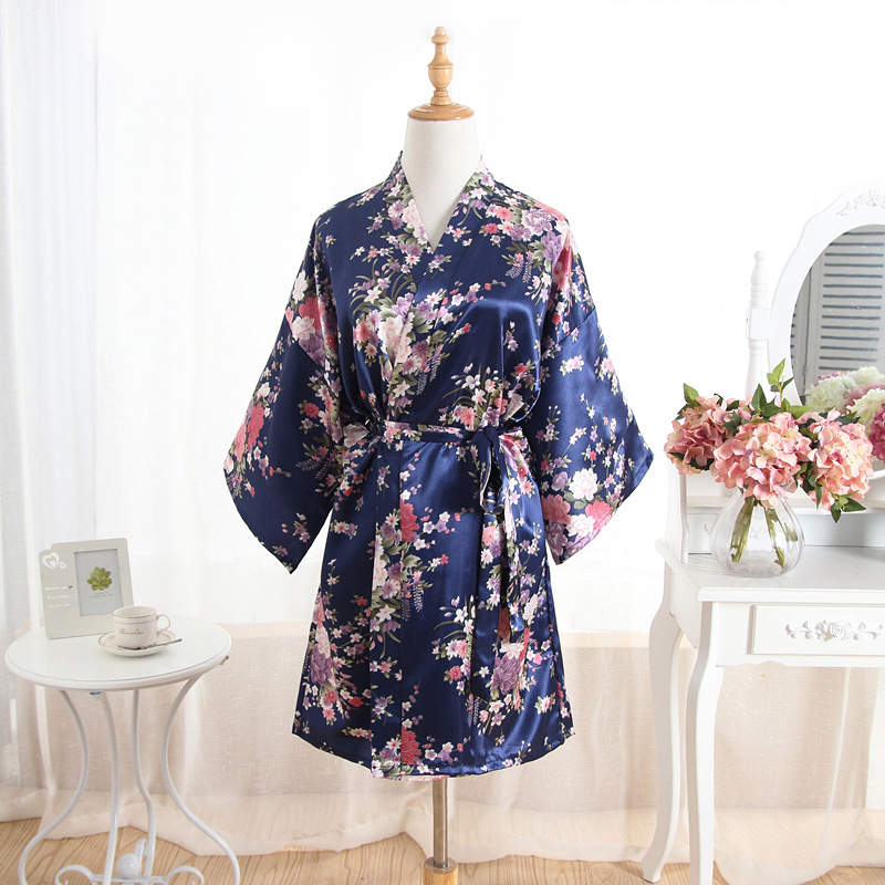 Cross-Border Wholesale Summer Foreign Trade Artificial Silk Floral Nightgown Short Kimono Bathrobe Cardigan Amazon Robe Bathrobe