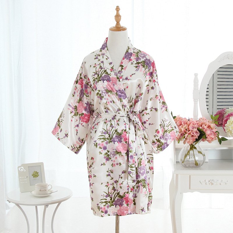 Cross-Border Wholesale Summer Foreign Trade Artificial Silk Floral Nightgown Short Kimono Bathrobe Cardigan Amazon Robe Bathrobe