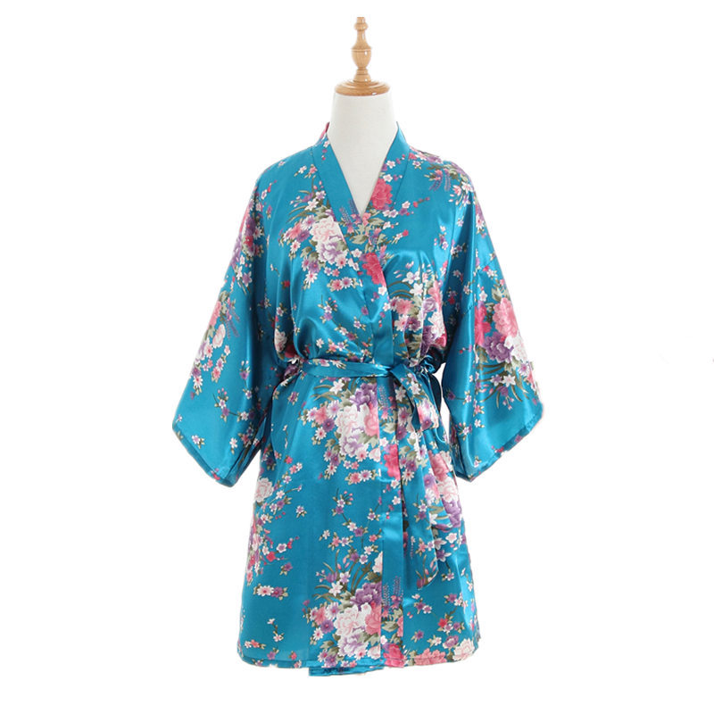 Cross-Border Wholesale Summer Foreign Trade Artificial Silk Floral Nightgown Short Kimono Bathrobe Cardigan Amazon Robe Bathrobe