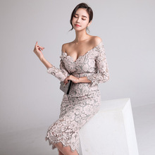 优雅蕾丝V领修身性感洋装2023韩版女装显瘦包臀五分袖中长连衣裙