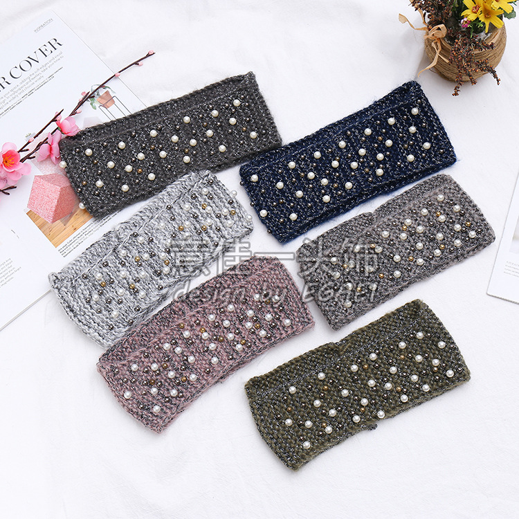 Factory Direct Sales Front Narrow Back Wide Pearl Knitted Hair Band Autumn and Winter Wool Headband out Face Slimming Hip Hop Hair Band