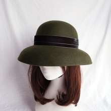 秋冬女法式优雅复古军绿色羊毛呢毛毡礼帽英伦赫本钟型渔夫帽盆帽