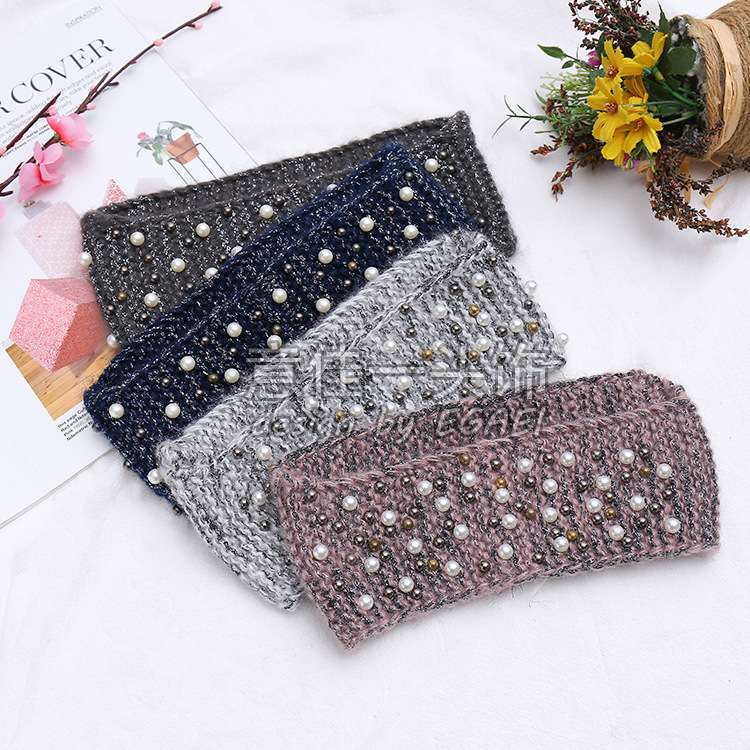 Factory Direct Sales Front Narrow Back Wide Pearl Knitted Hair Band Autumn and Winter Wool Headband out Face Slimming Hip Hop Hair Band