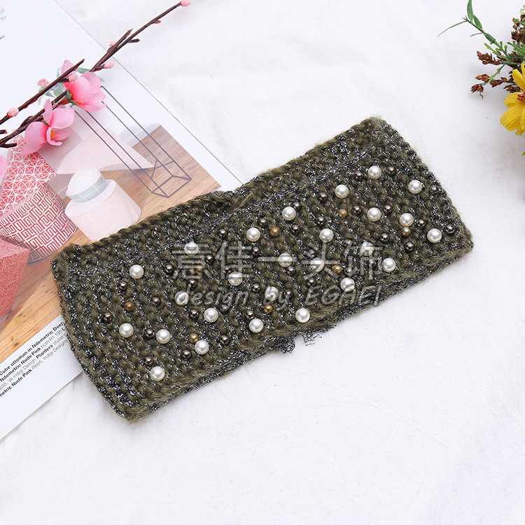 Factory Direct Sales Front Narrow Back Wide Pearl Knitted Hair Band Autumn and Winter Wool Headband out Face Slimming Hip Hop Hair Band