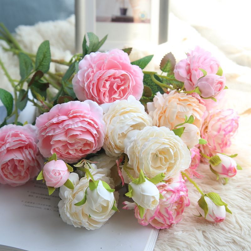 跨境厂家批发婚庆假花玫瑰花 装饰客厅摆设粉色仿真花束仿真花