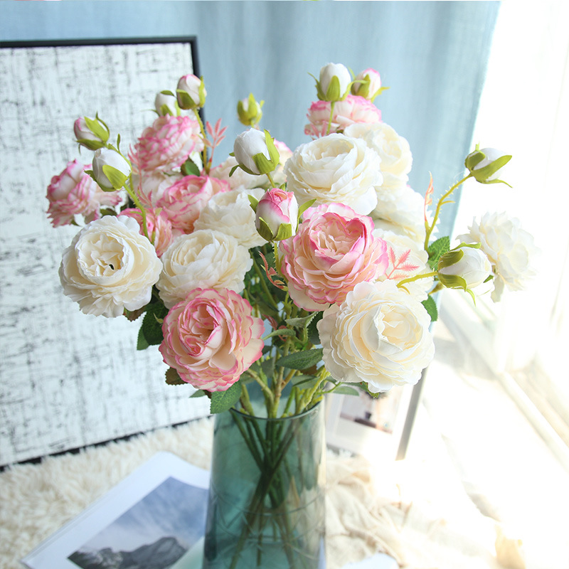跨境厂家批发婚庆假花玫瑰花 装饰客厅摆设粉色仿真花束仿真花