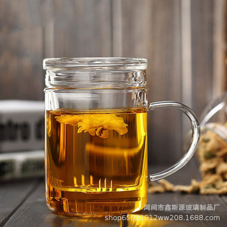 家用泡茶透明玻璃水杯茶杯带过滤内胆带把手茶具礼品大平盖办公杯