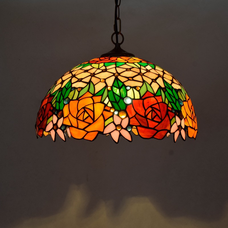 美式复古田园欧琈蒂凡尼彩色玻璃艳丽玫瑰花40CM酒吧餐厅琉璃灯具