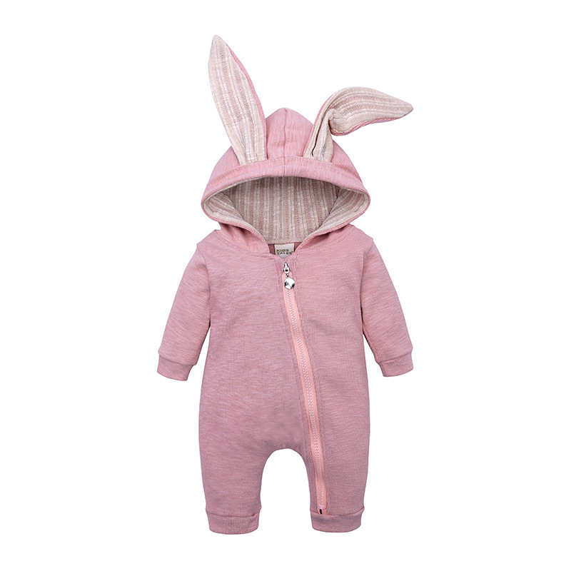 Ins Foreign Trade Wish Amazon Hot Selling Baby Children Big Ears Rabbit One-Piece L Hooded Zipper Romper Romper Baby Clothes