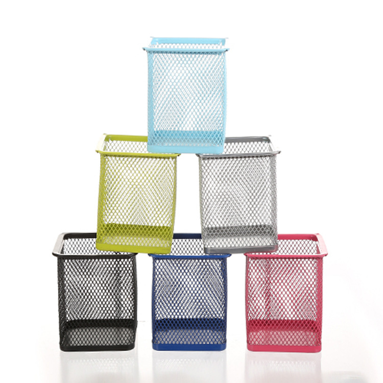 Office Supplies Simple Iron-Net Pen Container Student Stationery Metal Grid Iron Desktop Storage Bucket Factory Wholesale T