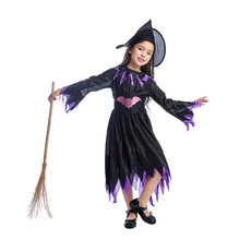 儿童经典女孩万圣节装扮紫色蝙蝠小女巫裙游戏服装套装