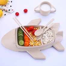 小麦飞机儿童餐具五件套装创意幼儿卡通餐盘筷叉勺杯5件厂家直销