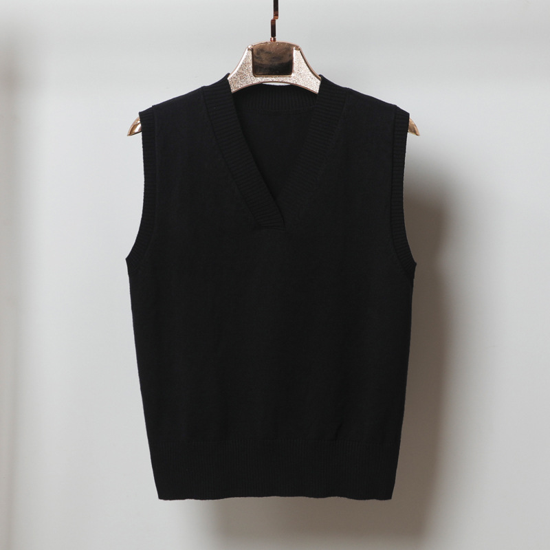 Early Autumn Chanel Style V-neck Knitted Vest Coat Women's Fashion Sweater Vest Overwear Black Cotton Vest