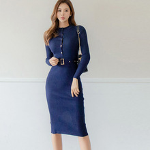 跨境女装2023秋季新款韩版气质圆领长袖修身单排扣包臀连衣裙