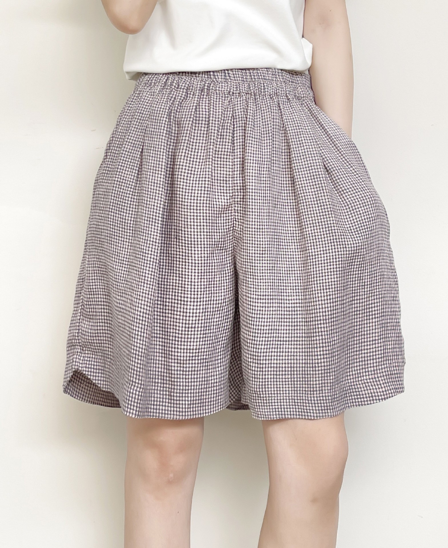 简梦亚麻格子五分裤 2024夏季新款 复古百搭休闲裤女宽松阔腿裤子