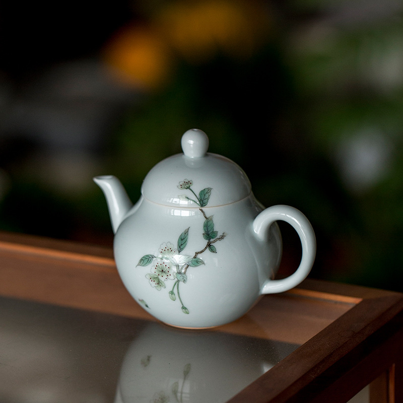仿古胎手绘牡丹茶壶陶瓷功夫茶具小梨壶复古釉上彩单壶手执壶预售
