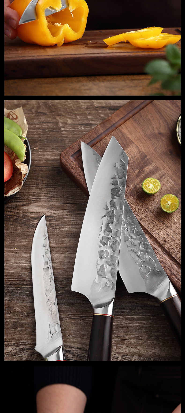 现货手工锻打厨师刀锤纹西式主厨刀小菜刀三德刀多用刀组合套装