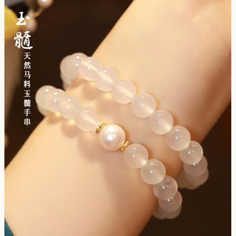 冰霓裳自然冰种白玛瑙手串玉髓珠子手串女款荔枝冻马料礼物手饰品