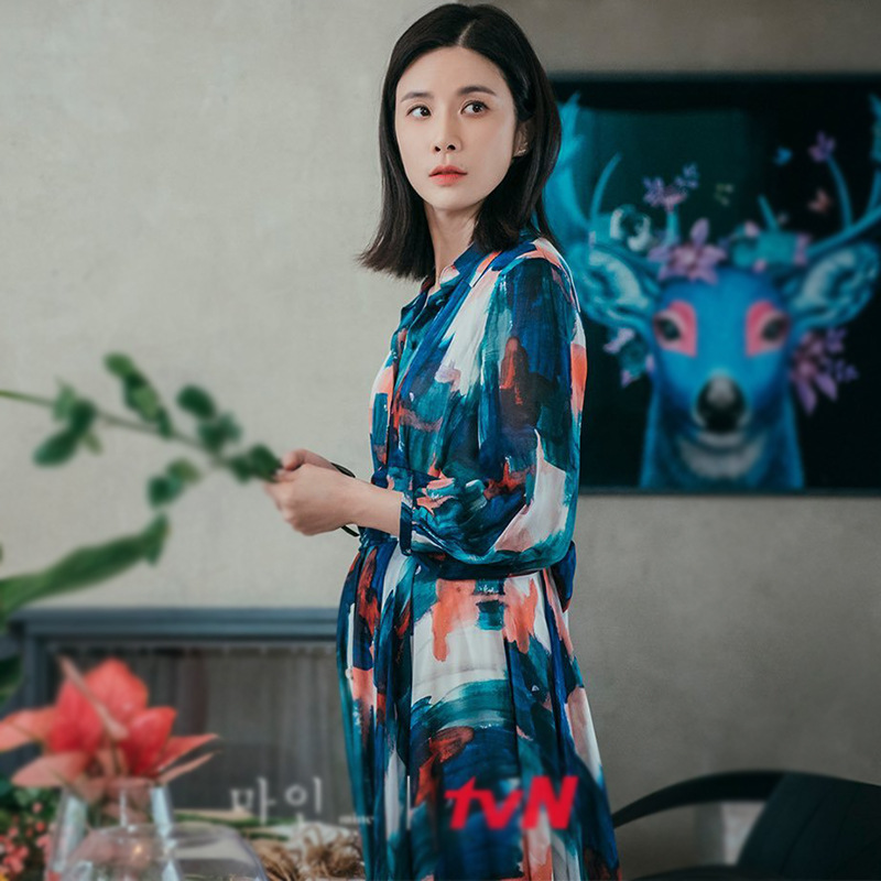 韩剧mine我的上流世界李宝英徐熙秀同款水墨油画印花连衣裙长裙夏