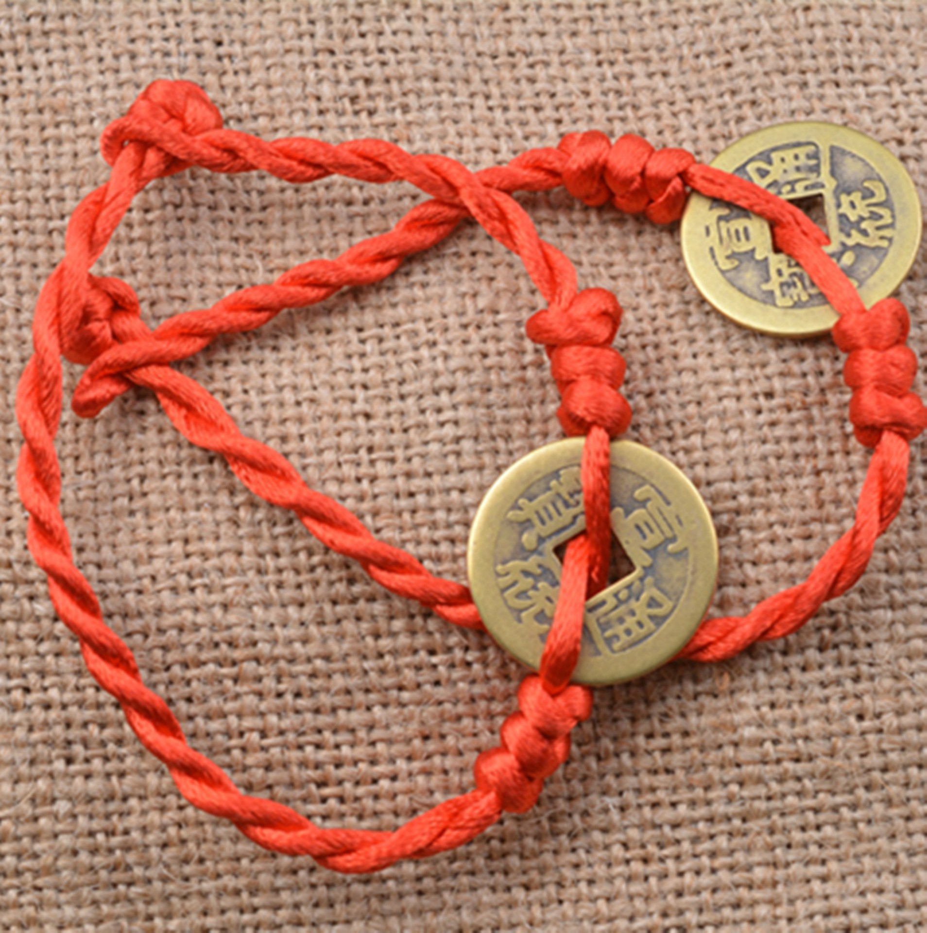 端午节仿古小铜钱男女款红绳手链 真铜钱五帝钱幸运手绳 民族风