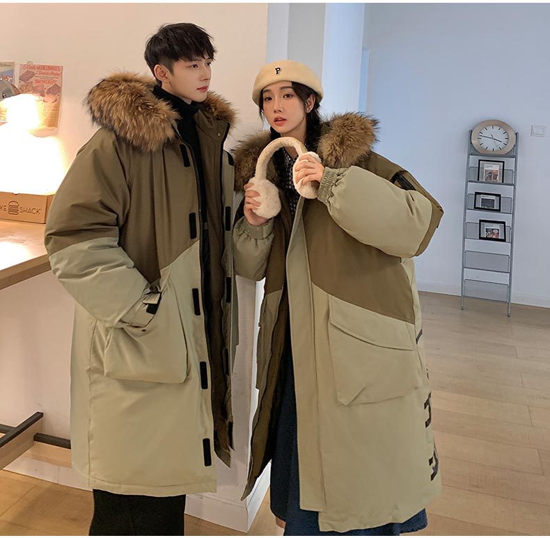 Down Jacket Men's and Women's Mid-Length Couple Wear over the Knee Hong Kong Style Fur Collar Student Color Matching Warm Winter Loose Fashion Coat