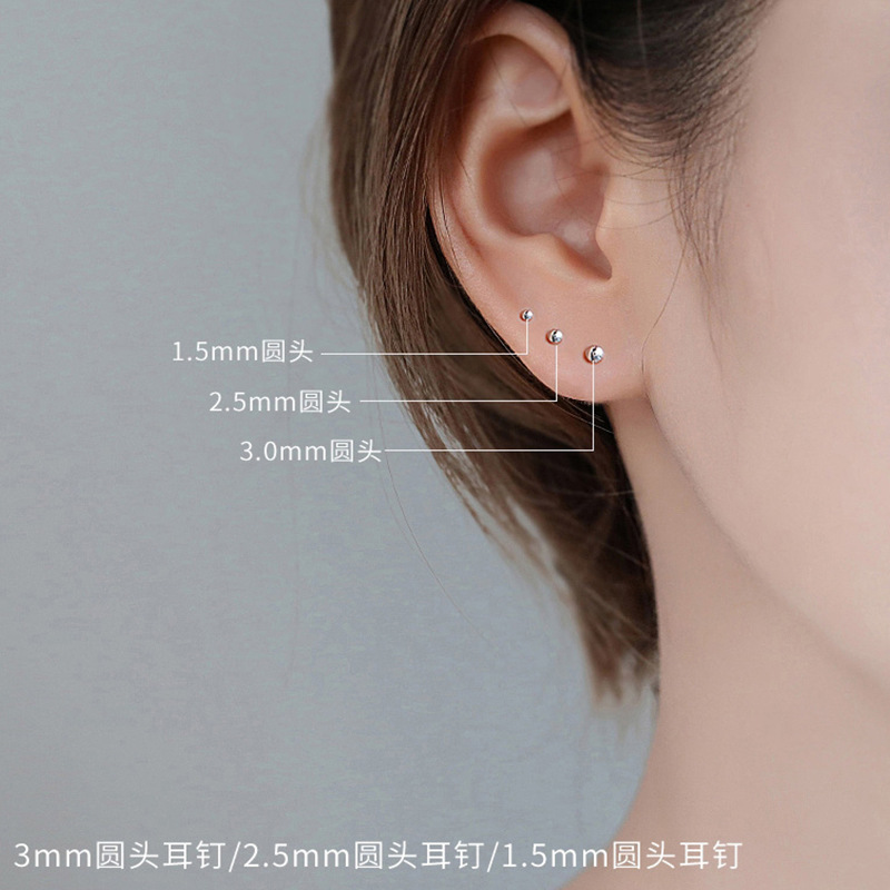 S999 Pure Silver Pierced-Ear-Caring Ear Studs Women's Sterling Silver Compact Mini Double-Headed Ear Bar Ear Bone Stud Simple Ear Pin Earrings