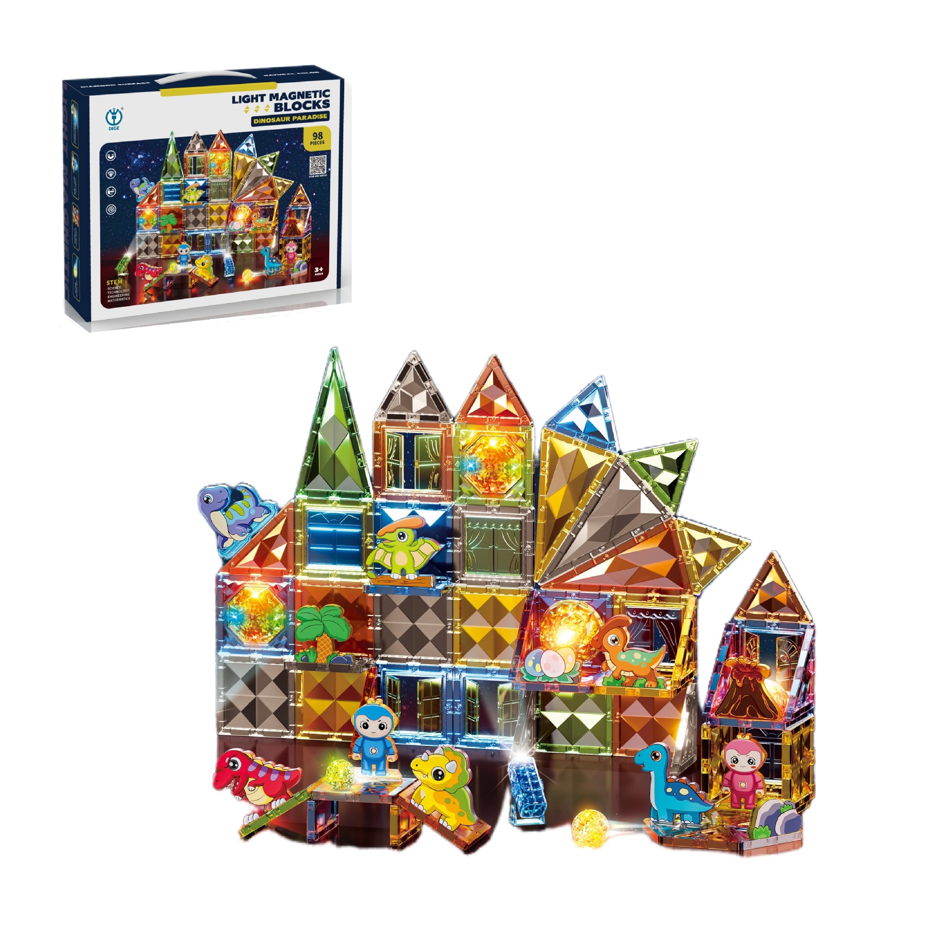 4d翡钻磁力积木恐龙乐园灯光版98pcs纯磁力片拼装搭建积木玩具