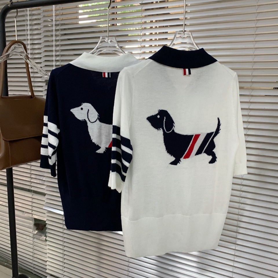 8983tb腊肠狗短袖春夏新款薄羊毛条纹小狗图案polo翻领t恤