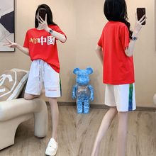 红色休闲运动套装女短袖短裤中国跳曳步舞服装2023年夏季新款两件