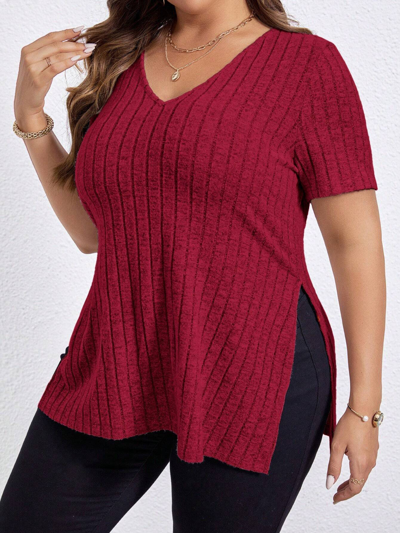 2024 Amazon Cross-Border Spring and Summer New Solid Color plus Size Women's Clothes Top V-neck Sunken Stripe Short Sleeve Split Pullover T-shirt