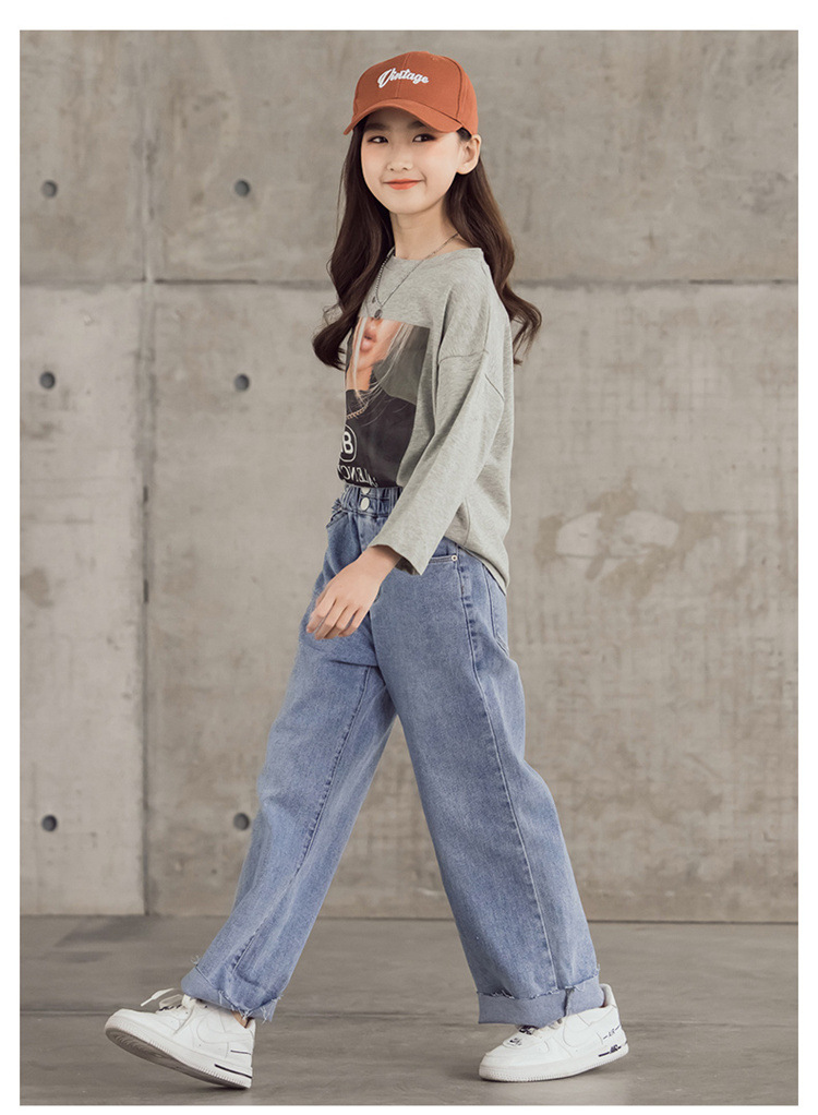 女童牛仔裤春秋2021新款韩版儿童女大童直筒阔腿裤宽松女孩长裤子