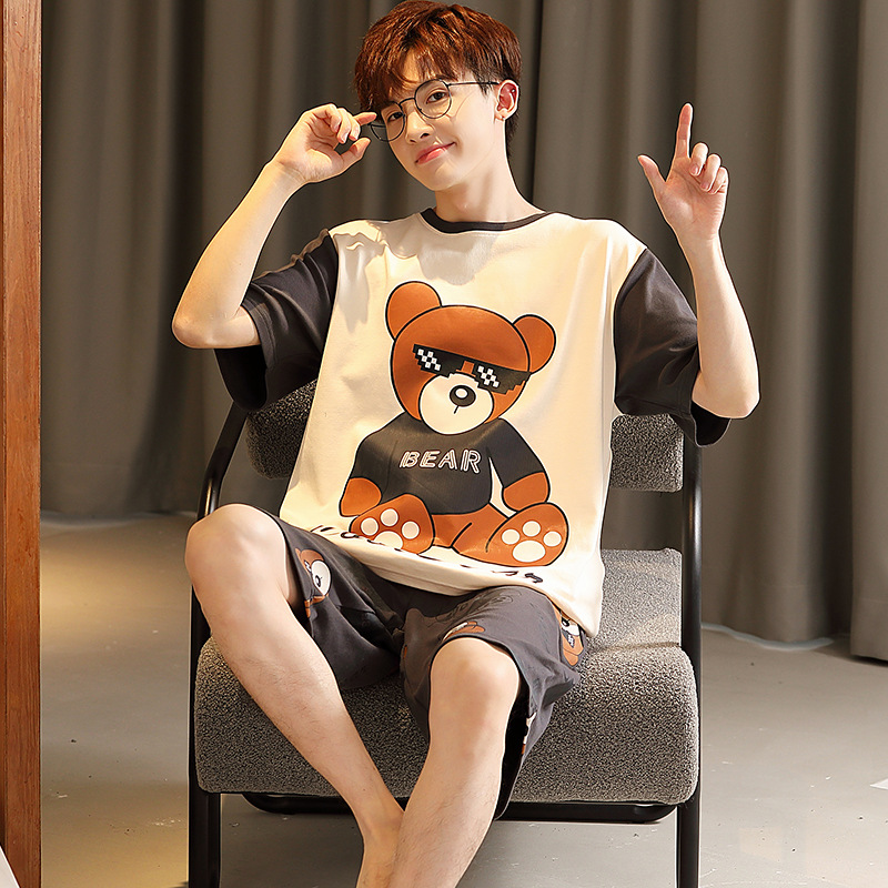 Summer Men's Short Sleeve Pajamas Purified Cotton Pajama Pants Boys Weight-Catcher Boy Summer Cartoon Junior High School Students Boys' Thin