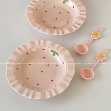 釉下彩家用陶瓷可爱菜盘8英寸平盘西餐牛排盘粉红少女心早餐盘子