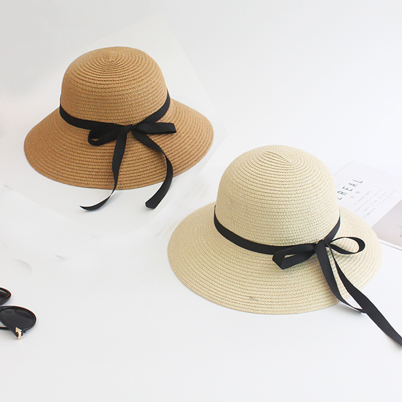 Summer Female Sun Hat Black Ribbon Bow Wide Brim Hat Japanese Adult Bucket Hat Female Sun Protection Folding Sun Hat