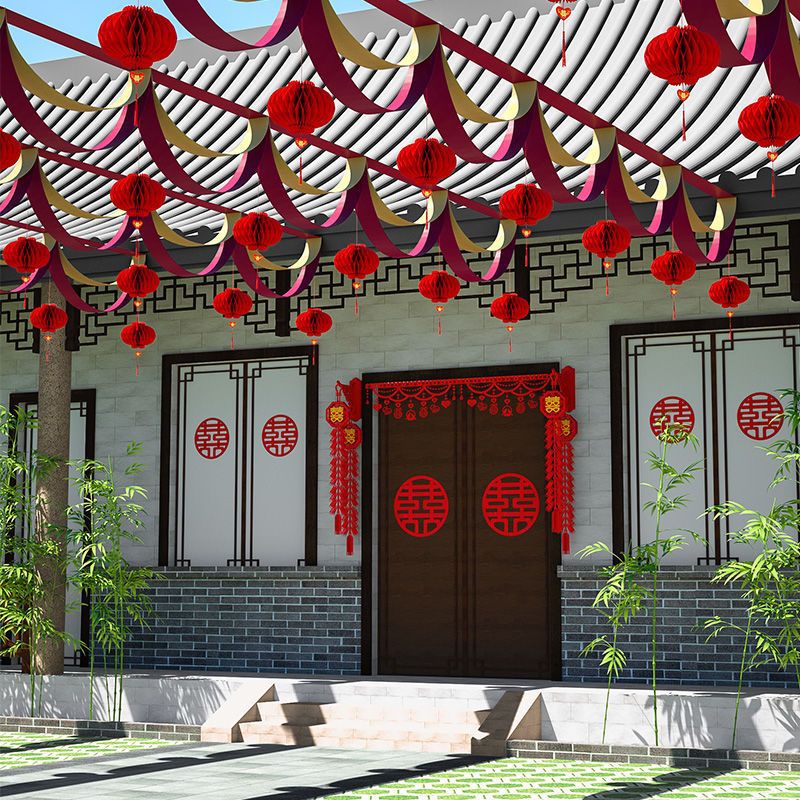 结婚灯笼农村院子门口装饰场景布置婚礼喜字拉花彩带婚庆用品大全