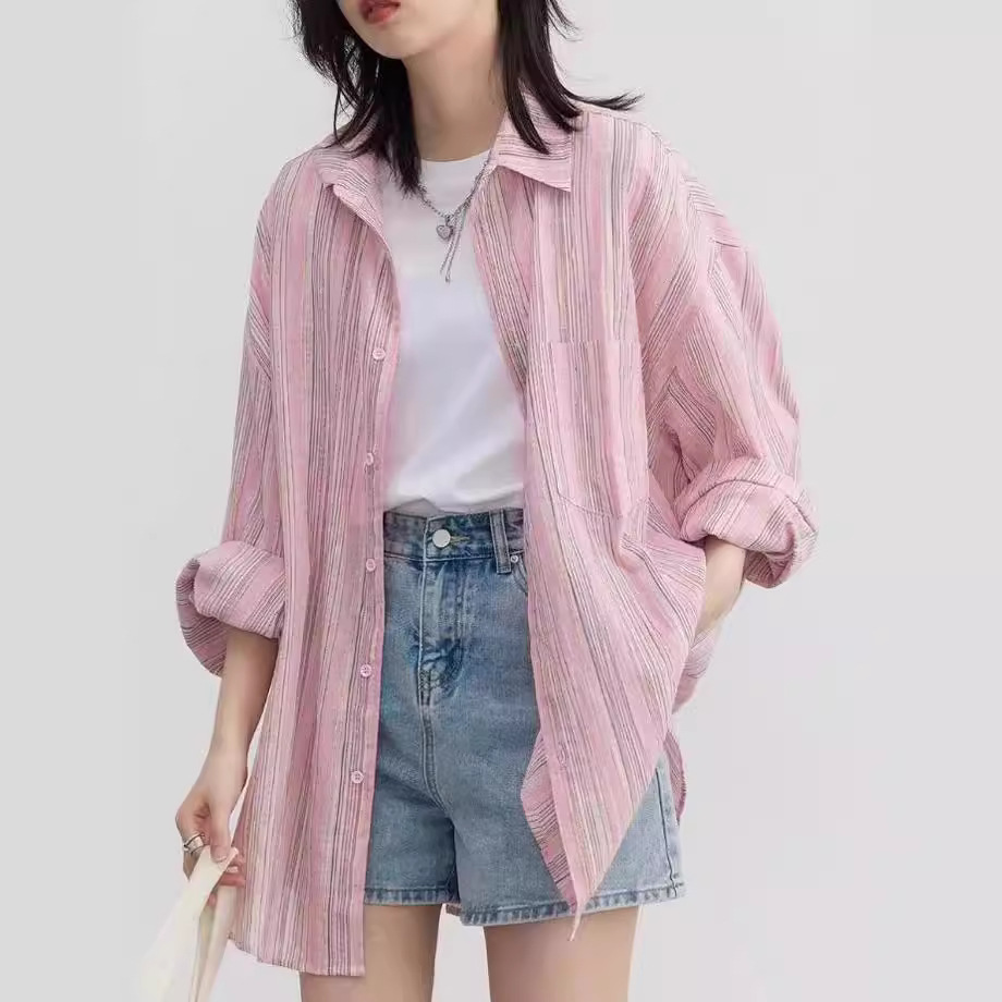 「夏日度假」宽松条纹粉色亚麻衬衫女上衣防晒衬衣夏新款-阿里巴巴