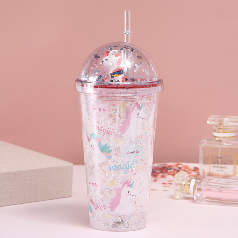 New Creative with Light Double-Layer Plastic Cup Unicorn Doll Ice Crushing Water Cup Portable Student Couple Cup with Straw