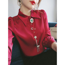 气质高端红色缎面衬衫女设计感小众2022年新款通勤韩版泡泡袖衬衣