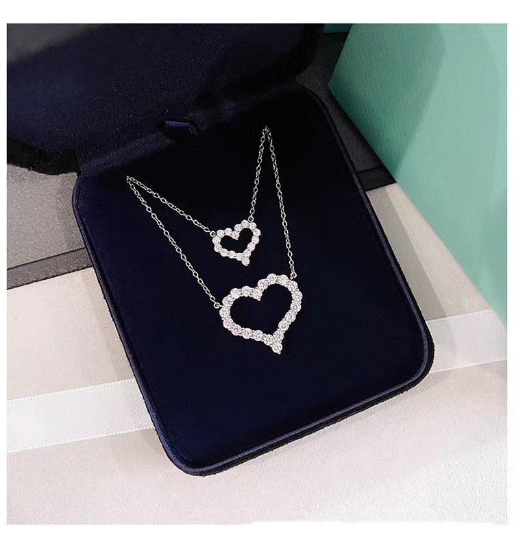 t家925大中小爱心项链网红锁骨链镂空心形吊坠镶钻女饰品一件代发