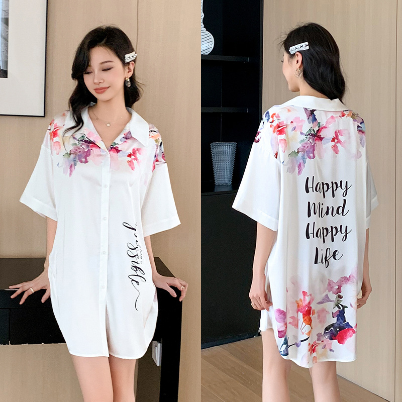 elegant shirt dress for women 2024 new letter printed v-neck half sleeve loose comfortable satin chiffon nightdress