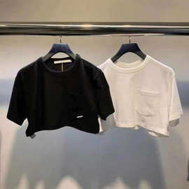 25高街贴袋露脐装宽松T恤圆领简约套头百搭休闲短款上衣女夏季