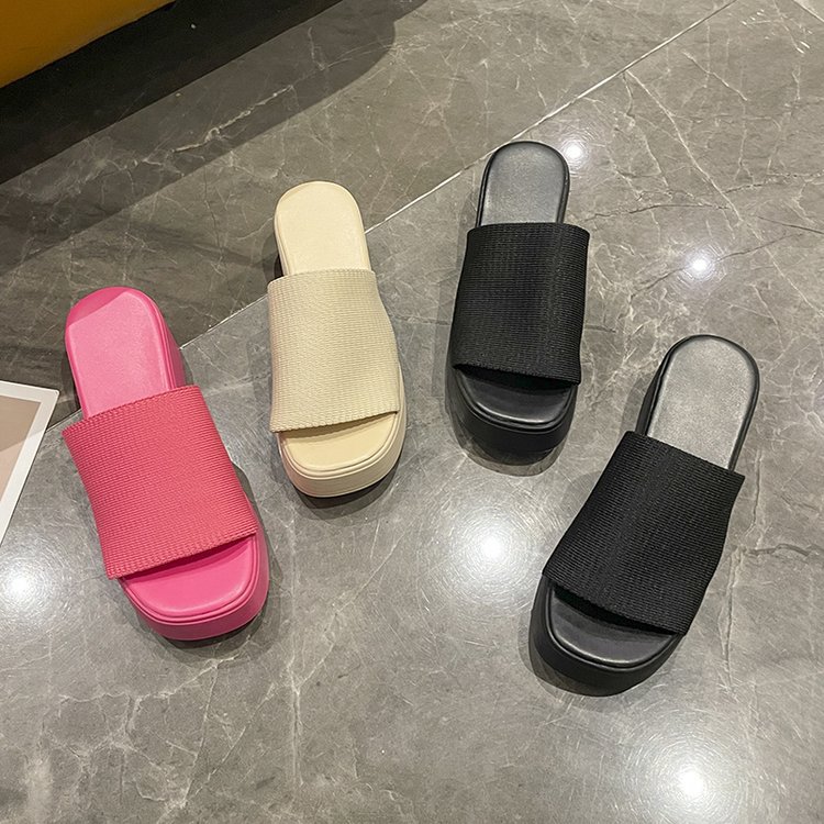 外贸女鞋松糕跟圆头凉拖休闲简约复古厚底拖鞋外穿一字拖轻便拖鞋