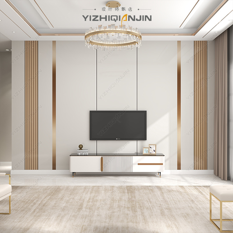 2022电视背景墙硬包效果现代简约墙咔板金属线条壁画轻奢风装饰