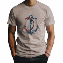 24外贸亚马逊独立站休闲潮流复古船锚3D净版纯色印花男士短袖T恤