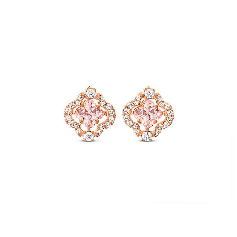 施家高版本粉钻跳动的心四叶草耳钉女施华洛水晶花朵耳环一件代发