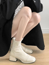 白色短靴女2024新款夏夏粗跟法式靴子配裙子时尚瘦瘦靴加绒马丁靴