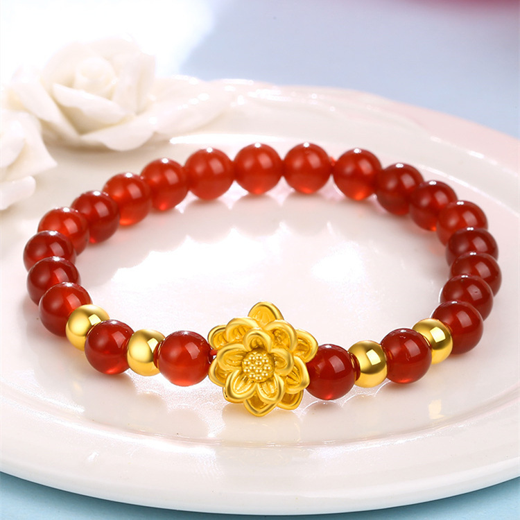 黄金手链女款 莲花3d硬金转运珠999足金手镯红玛瑙手串纯金路路通