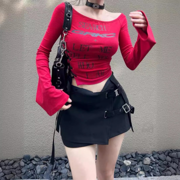 美式短款红色纯棉t恤女斜肩绑带修身打底衫辣妹露腰短上衣-阿里巴巴